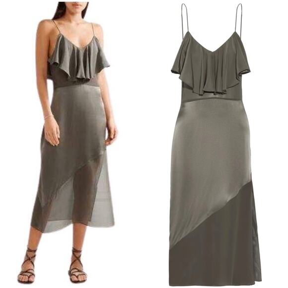 FLEUR DU MAL Ruffle Slip Dress 100% Silk Satin & Chiffon Olive Green Sz M (est) - Picture 1 of 9
